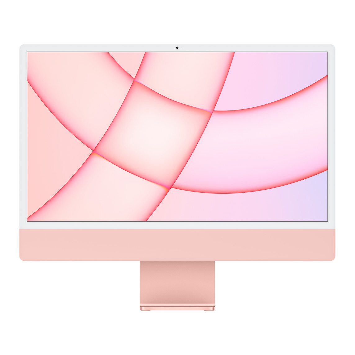 Vista frontal del exterior del iMac, que muestra el marco blanco de la pantalla, el exterior y el soporte de aluminio en rosa