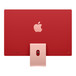 Vista trasera del exterior del iMac en rosa, que muestra el logotipo de Apple en el centro varios tonos más claro que el resto de la carcasa, la abertura para el cable en el soporte, los puertos Thunderbolt en la parte inferior izquierda y el botón de encendido en la parte inferior derecha