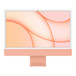 Un iMac visto da davanti, bordo bianco attorno allo schermo, guscio arancione e sostegno in alluminio
