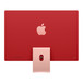 Vista trasera del exterior del iMac en rosa, que muestra el logotipo de Apple en el centro varios tonos más claro que el resto de la carcasa, la abertura para el cable en el soporte, los puertos USB-C y Thunderbolt en la parte inferior izquierda y el botón de encendido en la parte inferior derecha