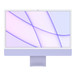 iMac, vooraanzicht, witte rand rond display, paarse behuizing en aluminium standaard
