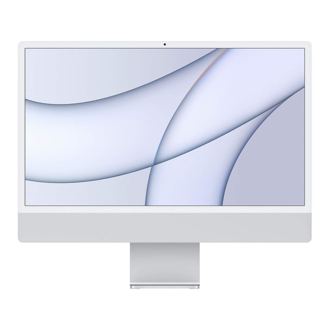 iMac, face avant, contour blanc de l’écran, pied en aluminium et extérieur argent