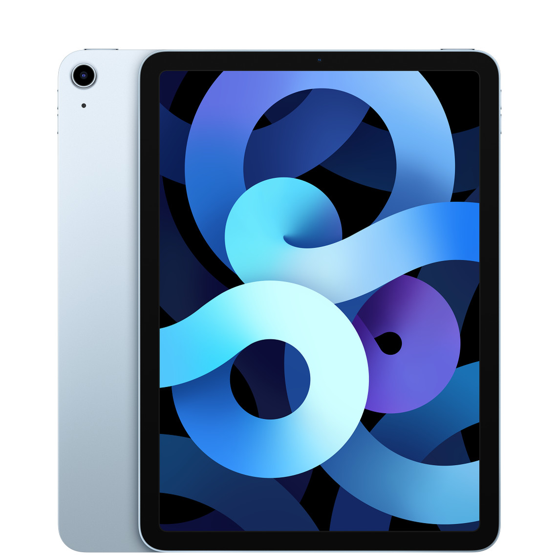 iPad Air, face arrière, objectif unique, bleu ciel, face avant, écran bord à bord, cadre noir