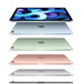 Plusieurs iPad Air, placés de façon horizontale et espacés les uns des autres, appareil photo à l’arrière, dans toutes les couleurs disponibles, de bas en haut, gris sidéral, argent, or rose, vert, bleu ciel. L’image du haut représente un iPad Air avec une image colorée à l’écran