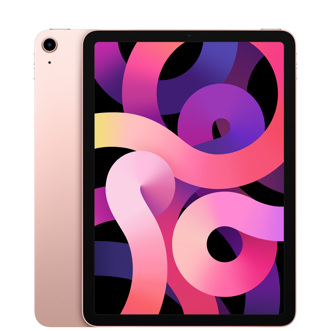 Achteraanzicht van iPad Air in de kleur roségoud, met camera met één lens, vooraanzicht met all-screendesign en zwarte rand rondom het display