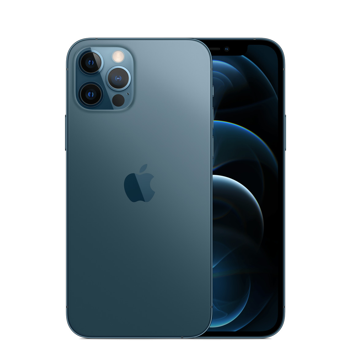 iPhone 12 Pro in Blau, Pro Kamera-System mit True Tone Blitz, LiDAR, Mikrofon, Apple Logo in der Mitte, Vorderseite, All-Screen Display