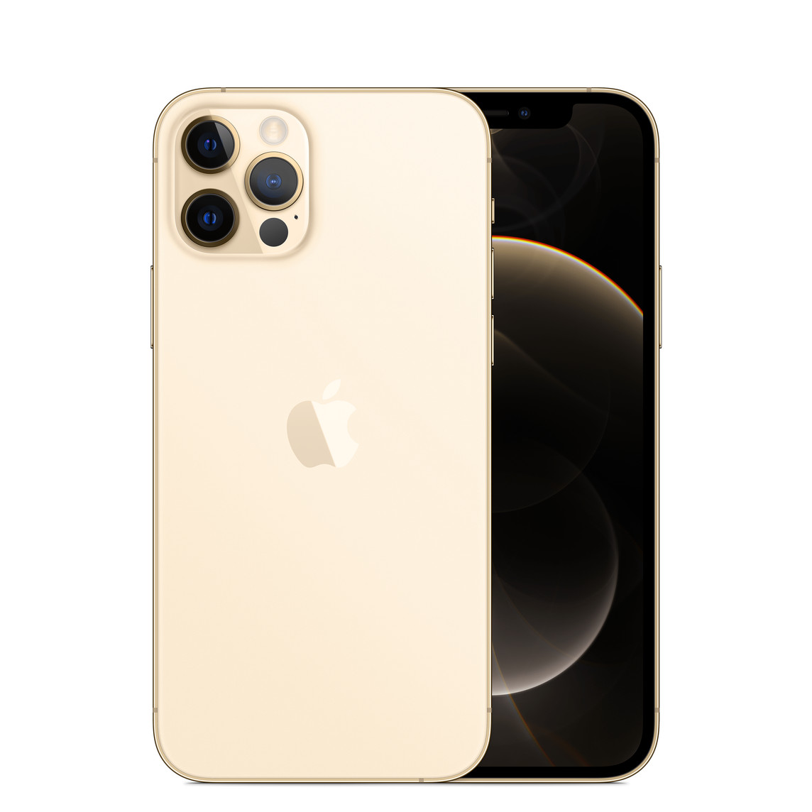 Un iPhone 12 Pro color oro visto da dietro, sistema di fotocamere Pro con flash True Tone, lidar, microfono, logo Apple al centro, visto da davanti, display all-screen
