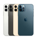 Dispositivi iPhone 12 Pro nei colori argento, nero, oro, blu, sistema di fotocamere Pro con flash True Tone, logo Apple al centro
