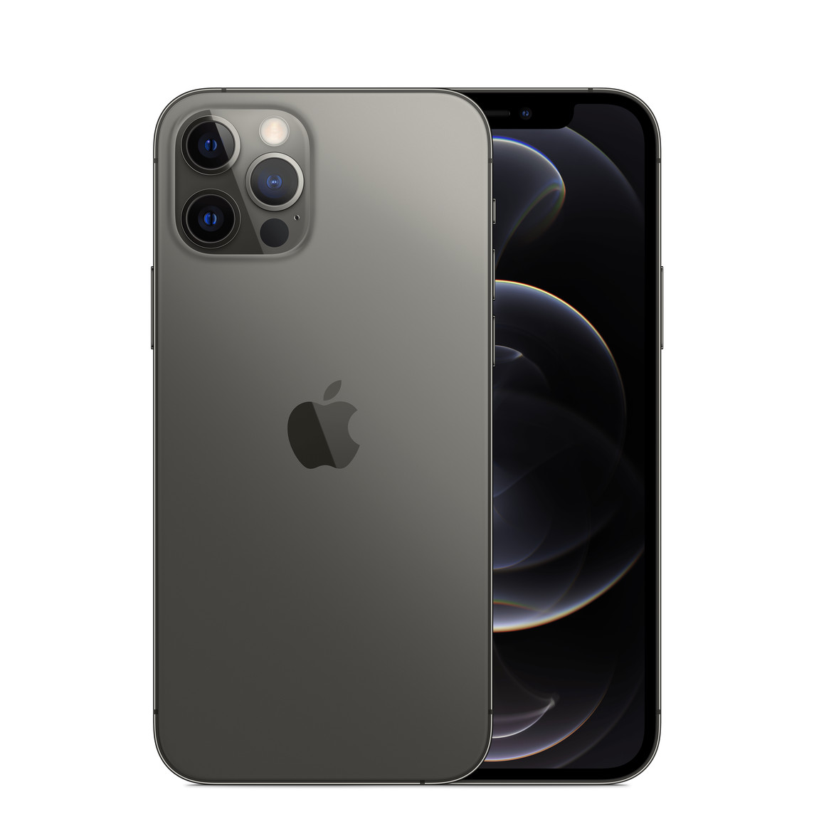 iPhone 12 in Graphit, Zwei-Kamera-System mit True Tone Blitz, Apple Logo in der Mitte, Vorderseite, All-Screen Display