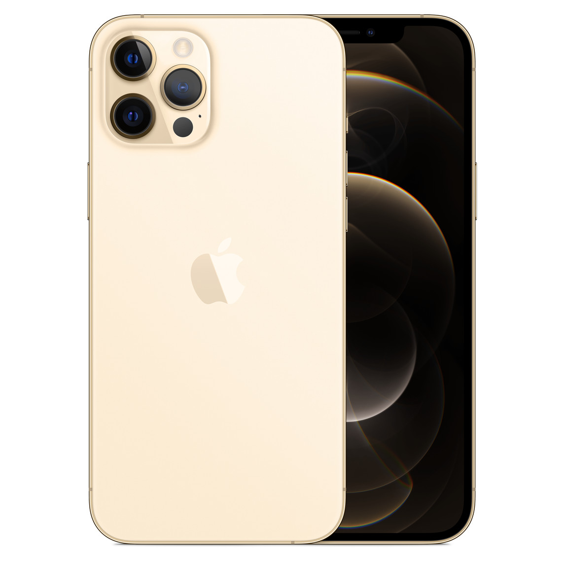 iPhone 12 Pro Max or, système photo pro avec flash True Tone, lidar, micro, logo Apple au centre Vue de face, écran bord à bord