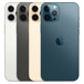 Plusieurs iPhone 12 Pro Max, argent, graphite, or, bleu pacifique, système photo pro avec flash True Tone, logo Apple centré