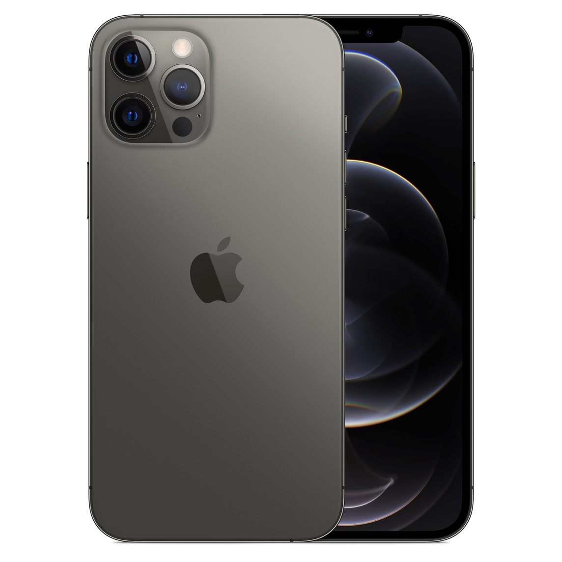 Un iPhone 12 Pro Max color grafite visto da dietro, sistema di fotocamere Pro con flash True Tone, lidar, microfono, logo Apple al centro, visto da davanti, display all-screen