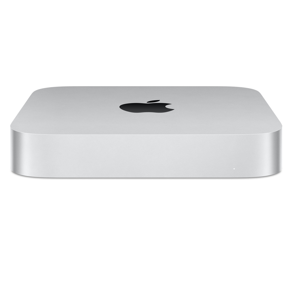 Widok z przodu przedstawiający ustawionego pod kątem Maca mini z logo Apple na górze