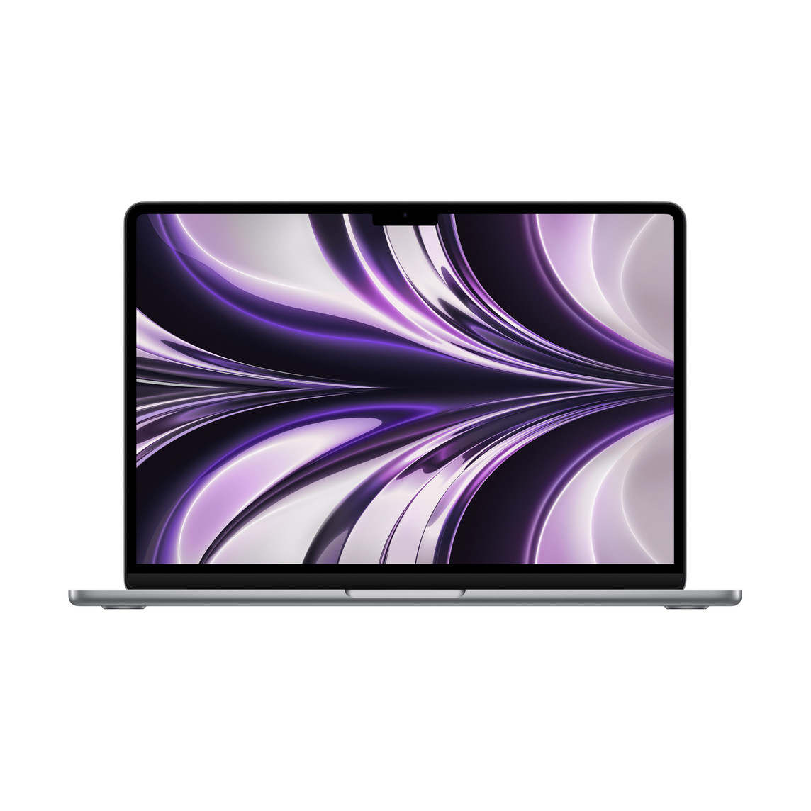 Opengeklapte MacBook Air, dunne rand, FaceTime HD-camera, uitstekende voetjes, afgeronde hoeken, kleur spacegrijs