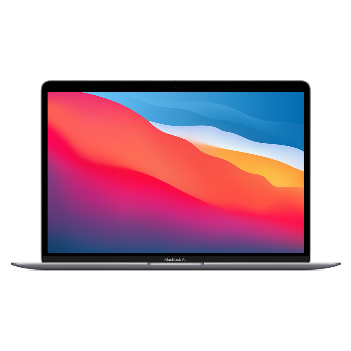 MacBook Air de 13,3 pulgadas abierto en gris que muestra el marco fino, la cámara FaceTime HD y las esquinas redondeadas