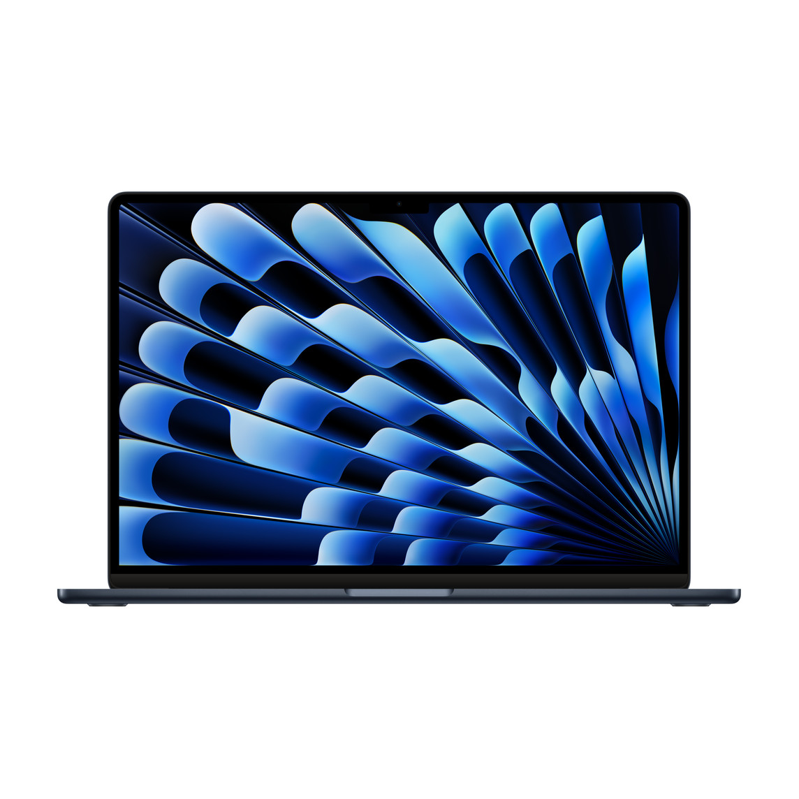 MacBook Air en color medianoche abierto que muestra el marco fino, la cámara FaceTime HD, las bases de apoyo y las esquinas redondeadas