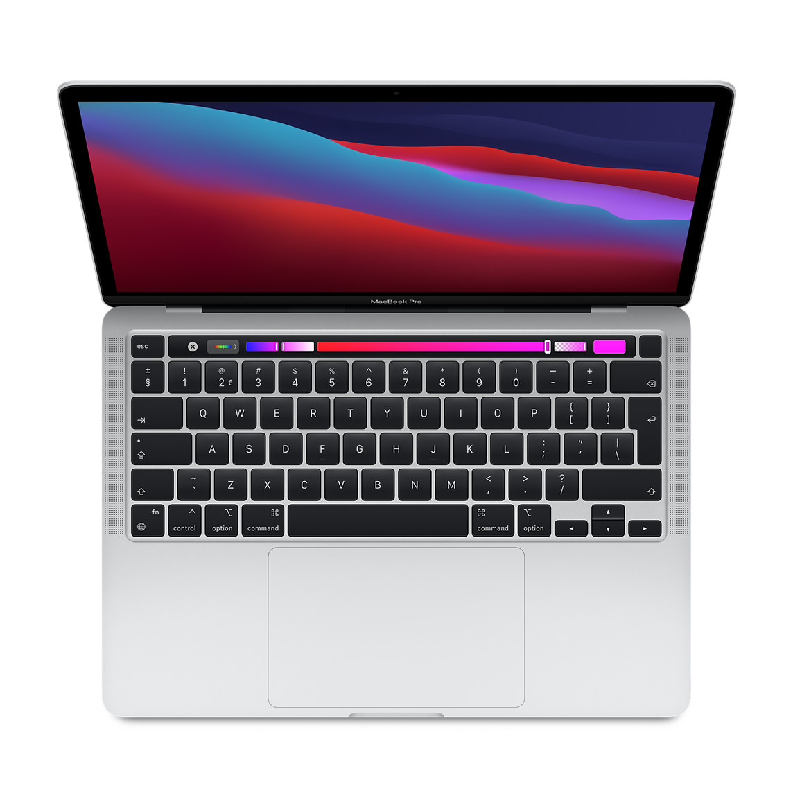 Opengeklapte MacBook Pro, display, toetsenbord met rij functietoetsen van volledige hoogte en ronde Touch ID-knop, trackpad, zilverkleurig