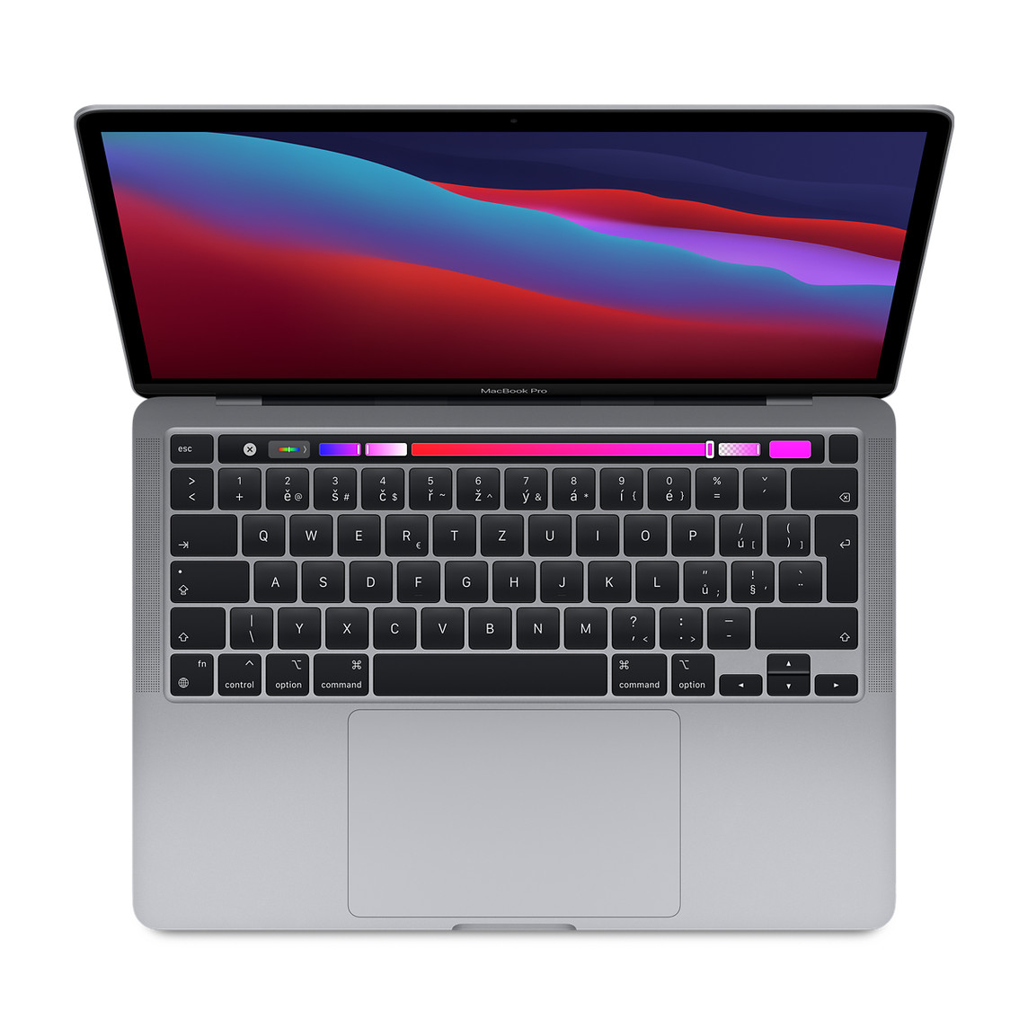 MacBook Pro, ouvert et vu en plongée, écran, clavier avec touches de fonction grand format et bouton Touch ID circulaire, trackpad, gris sidéral