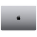 Buitenkant van dichtgeklapte MacBook Pro, rechthoekig met afgeronde hoeken, Apple logo in het midden, spacegrijs