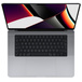 Opengeklapte MacBook Pro, display, toetsenbord met rij functietoetsen van volledige hoogte en ronde Touch ID-knop, trackpad, spacegrijs