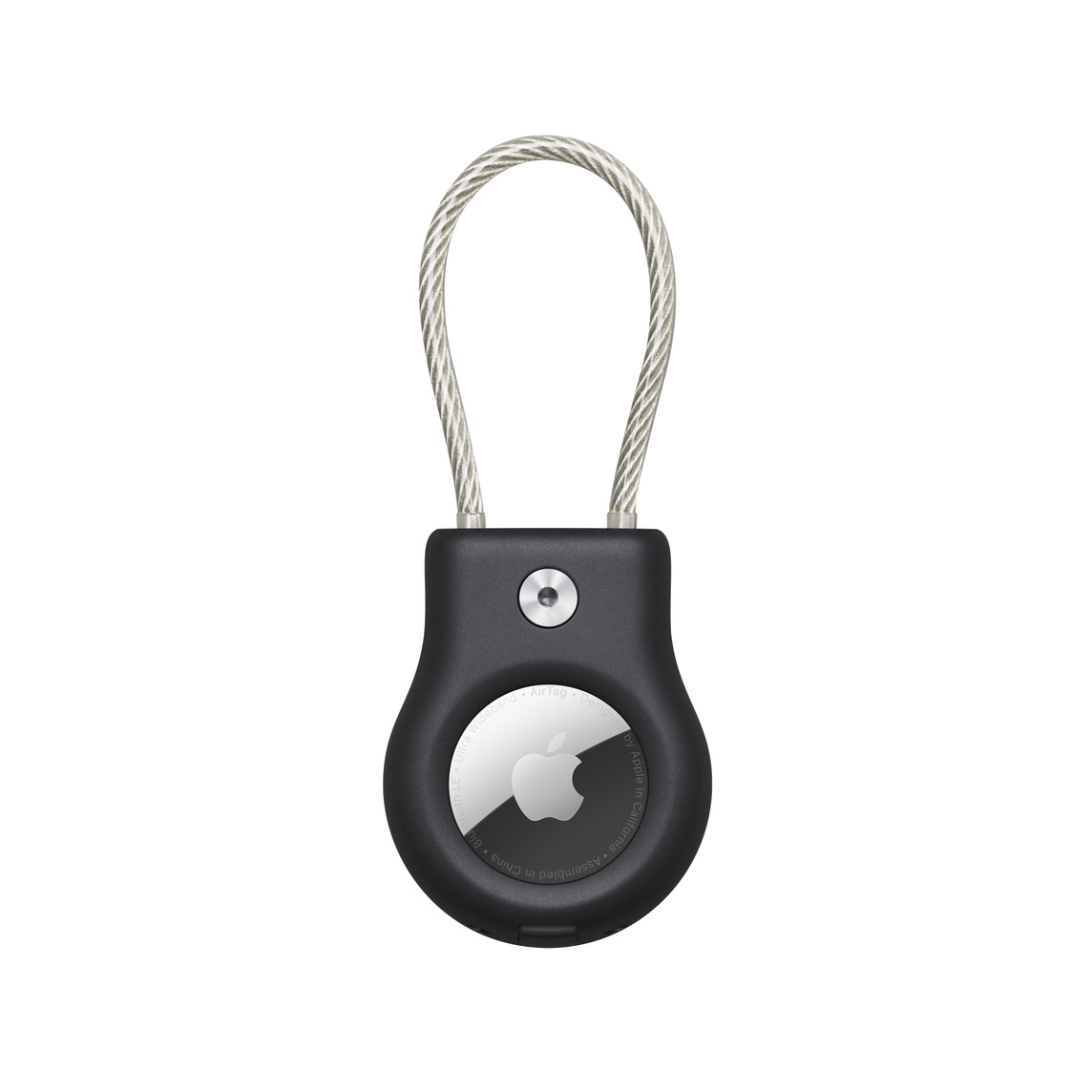 L’étui protecteur noir de Belkin avec câble métallique contient un AirTag avec le logo Apple.