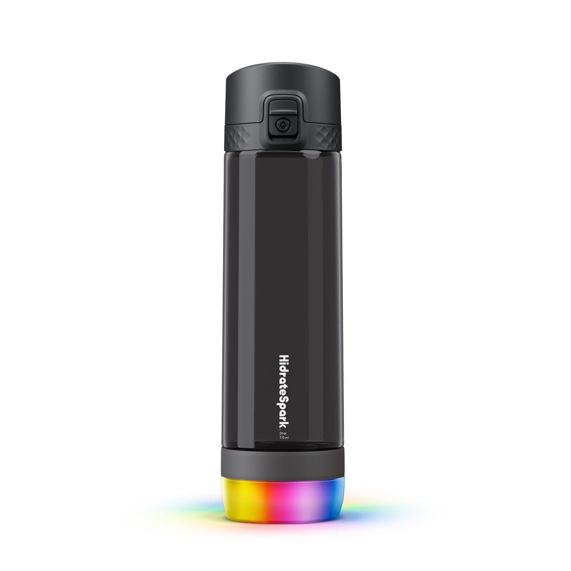 The black shatter-resistant, vacuum-insulated Hi-drateSpark PRO Titan Plastic Smart Water Bottle keeps a 24-ounce beverage cold up to 24 hours.