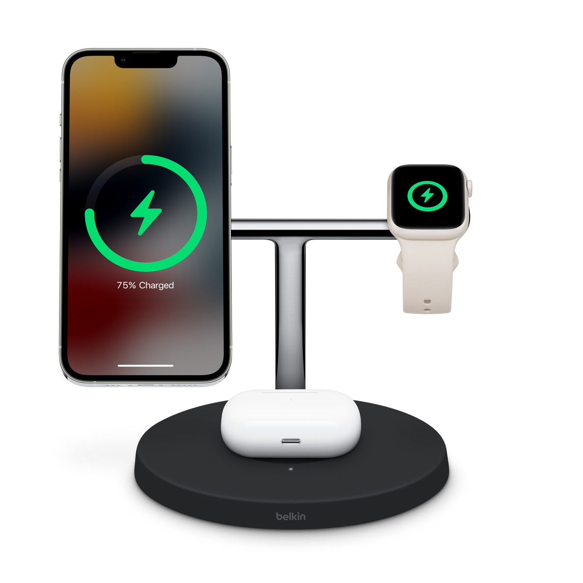 Belkin Boost Charge Pro 3-in-1 Wireless Charger with MagSafe simultaneously charges iPhone, Apple Watch and Wireless Charging Case for AirPods.