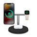 Belkin Boost Charge Pro 3-in-1 Wireless Charger with MagSafe simultaneously charges, iPhone, Apple Watch, and Wireless Charging Case for AirPods.