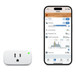 Eve Energy plug, next to iPhone, with the included app showing power status, consumption, and scheduling information.