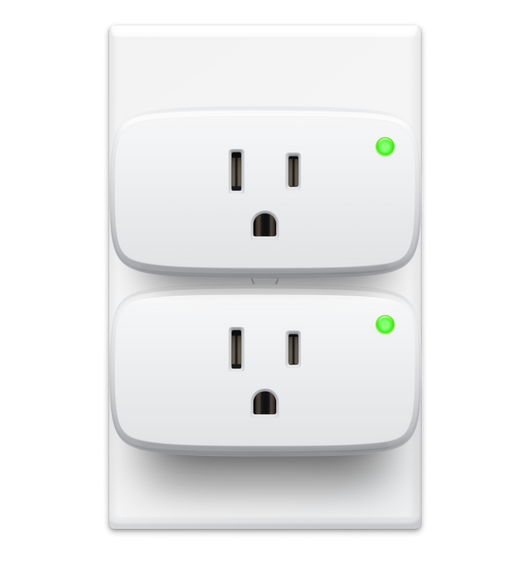 Two Eve Energys, Matter Version, plugged into a power socket with green LED power indicator showing it’s ON .