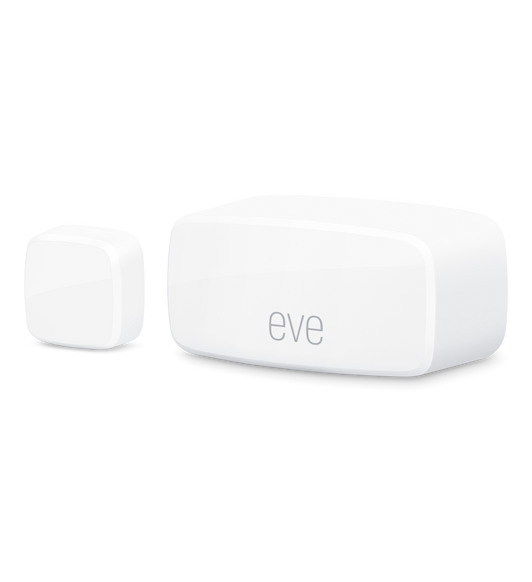 Paire de capteurs de contact sans fil compacts Eve, version Matter, pour portes et fenêtres. L’un des capteurs est orné du logo de la marque.