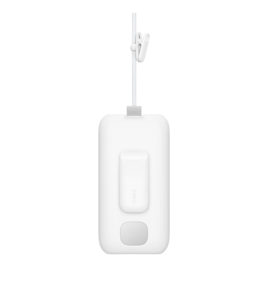 Back exterior, white Belkin Battery Holder, rectangular shape, rounded corners, straight sides. square cutout below the clip, dark gray square pull tab on top, includes cable clip for Apple Vision Pro Battery with built-in cable