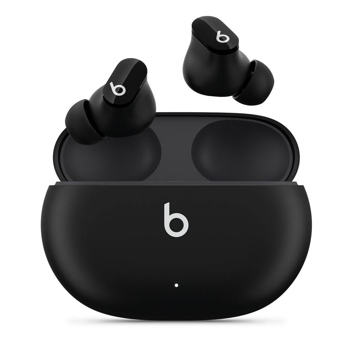 Beats Studio Buds True Wireless Noise Cancelling Earphones in Black, with Beats logo, above convenient charging case.