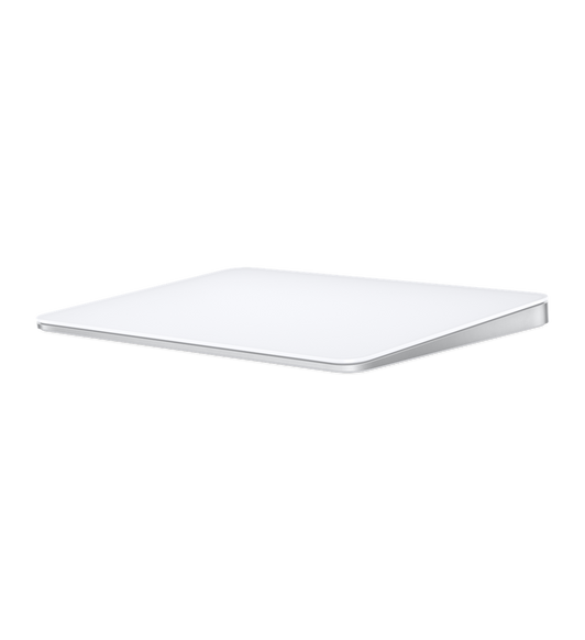 Magic Trackpad in White showing its large edge-to-edge glass surface area for easier scrolling and swiping.