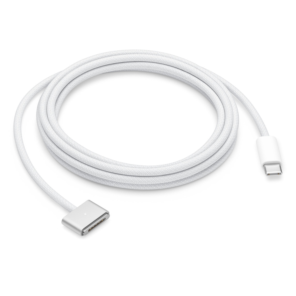 Câble USB-C vers MagSafe 3 blanc (de 2 mètres) doté d’un connecteur magnétique qui guide la prise vers le port de recharge de votre portable Mac.