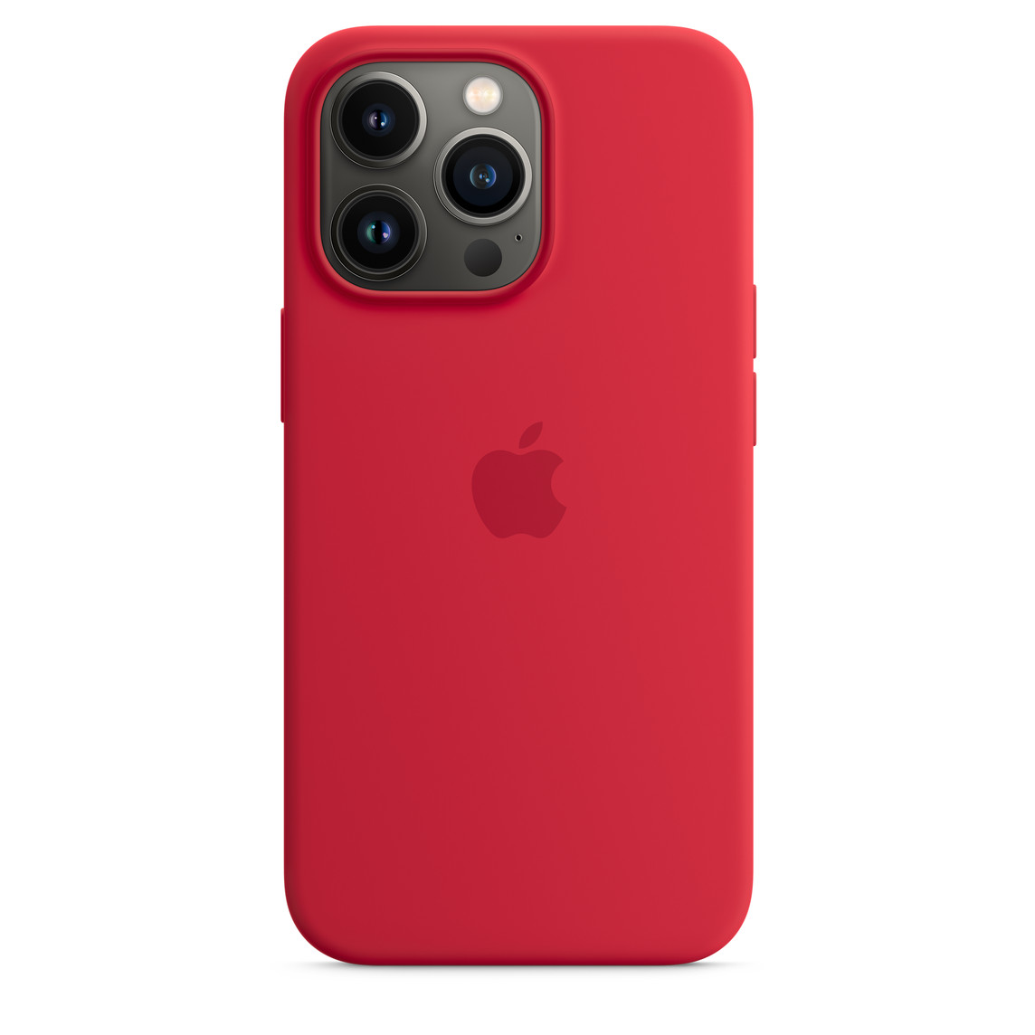 iPhone 13 Pro Silicone Case with MagSafe in Red, with iPhone 13 Pro in Graphite.