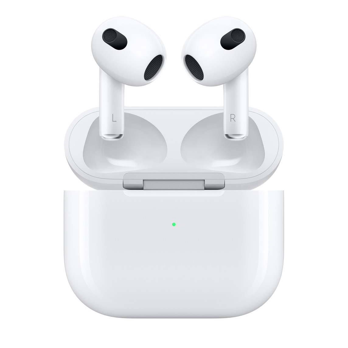 Front view of AirPods (3rd generation) above an open Charging Case, fully charged.