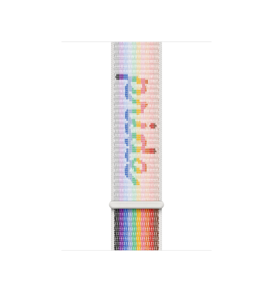 Correa loop deportiva Edición Orgullo (arcoíris), hecha de nylon tejido con rayas color arcoíris y la palabra "pride", con cierre de fácil ajuste.