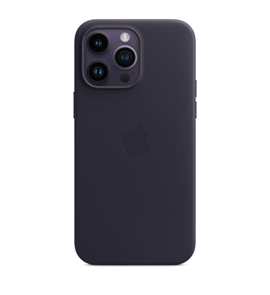 iPhone 14 Pro Max Leather Case with MagSafe in Ink, with iPhone 14 Pro Max in Deep Purple.