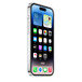 Vista en ángulo de la parte frontal de una funda transparente para el iPhone 14 Pro puesta en un iPhone 14 Pro.