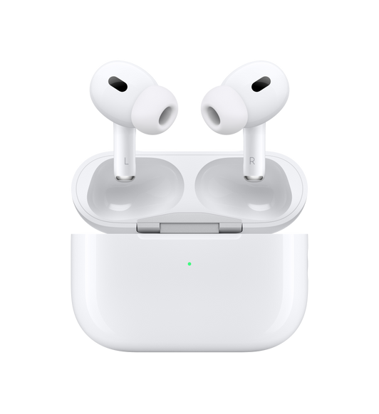 Front view of AirPods Pro above an open Charging Case, fully charged. 