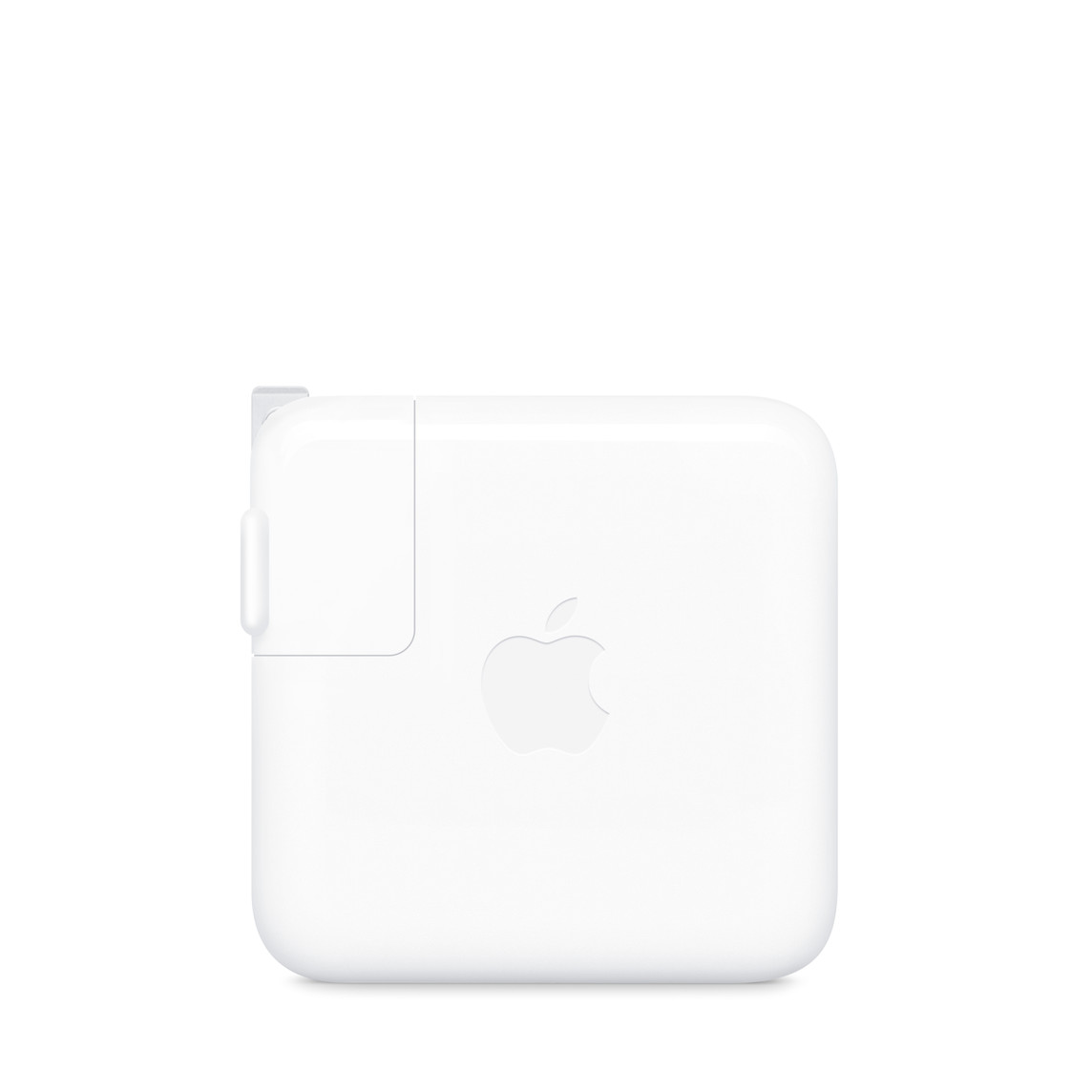 Power adapter, square, rounded corners, white, Apple logo centered