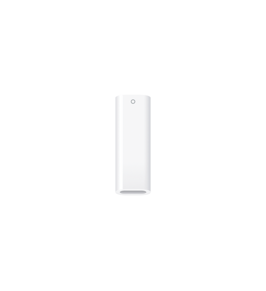 Front view of white adapter, USB-C slot at the bottom, with opening to connect first-generation Apple Pencil at top.