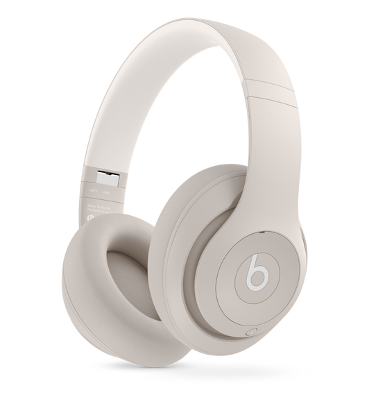 Beats Studio Pro Wireless Headphones in Sandstone, with ultra-plush engineered leather cushions for extended comfort and durability.