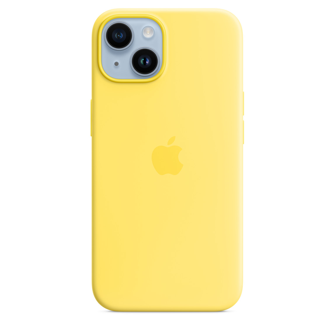 Capa amarelo-canário de silicone com MagSafe para iPhone 14 em um iPhone 14 azul.