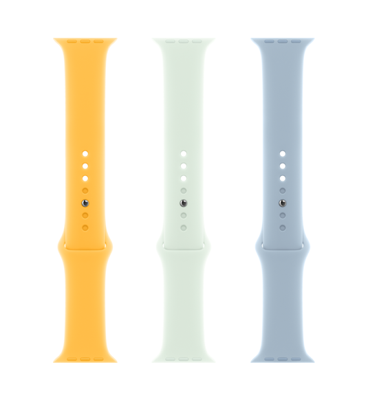 Sunshine (yellow), Soft Mint (green), and Light Blue Sport Bands, smooth fluoroelastomer with pin-and-tuck closure