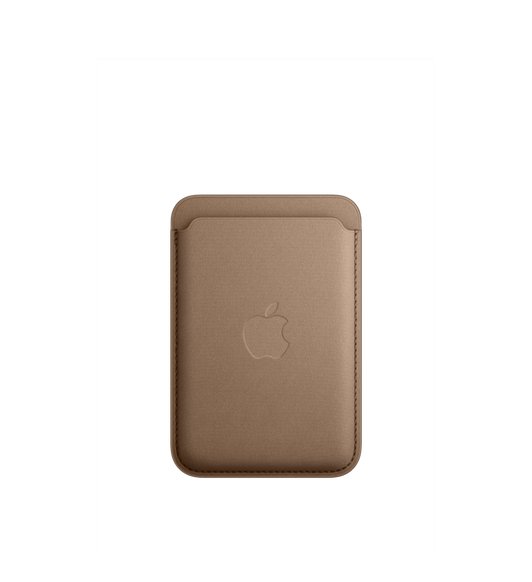 Vue avant d’un portefeuille à tissage fin taupe avec MagSafe pour iPhone montrant l’ouverture pour les cartes sur le dessus et le logo Apple au centre.