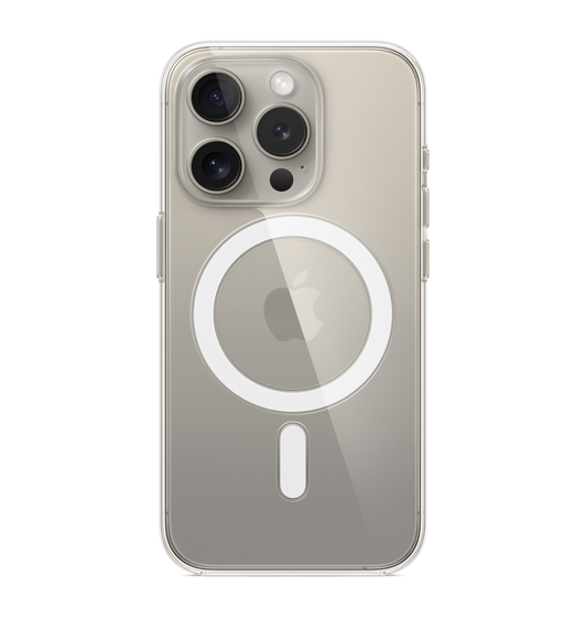 Capa transparente com MagSafe para iPhone 15 Pro, encaixada no iPhone 15 Pro em titânio natural.