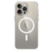 iPhone 15 Pro Max Clear Case with MagSafe, attached to iPhone 15 Pro Max Natural Titanium finish.