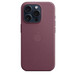 iPhone 15 Pro FineWoven Case with MagSafe in Mulberry, embedded Apple logo in centre, attached to iPhone 15 Pro Blue Titanium finish, seen through camera cut-out.